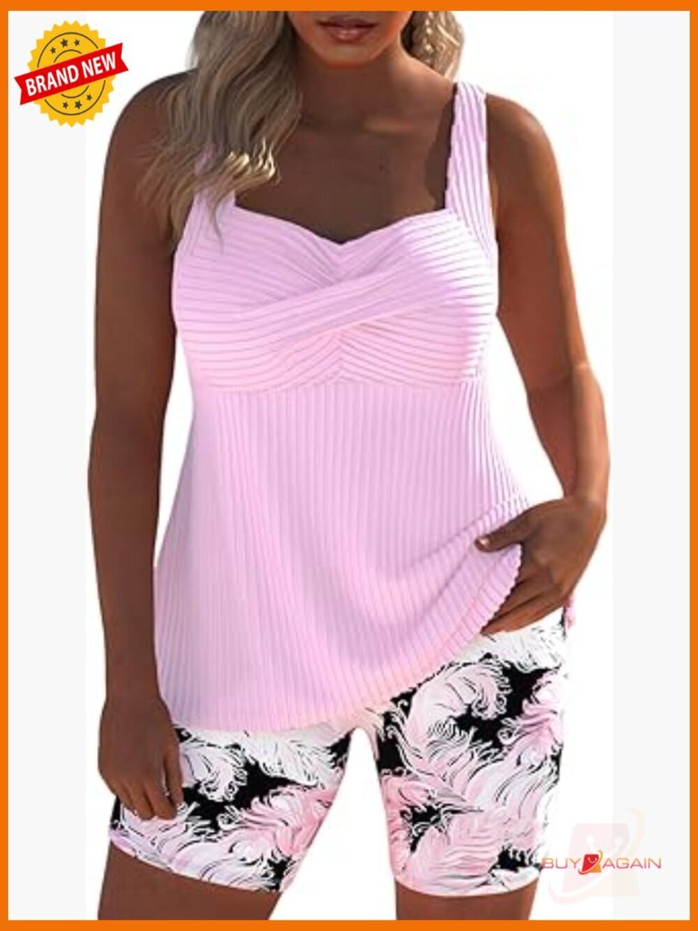Stretchy Surplice Tankini Set with Board Shorts for Women - Two Piece Swimwear